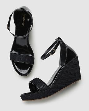 open-toe wedges with buckle closure