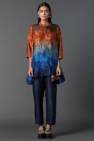 orange & blue dupion silk printed tunic set