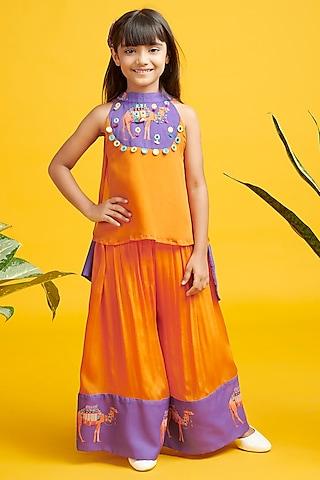 orange & purple chinon printed & embroidered kurta set for girls