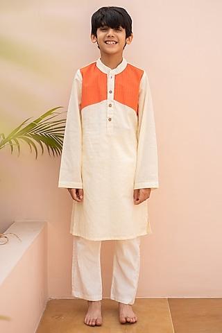 orange & white cotton kurta set for boys
