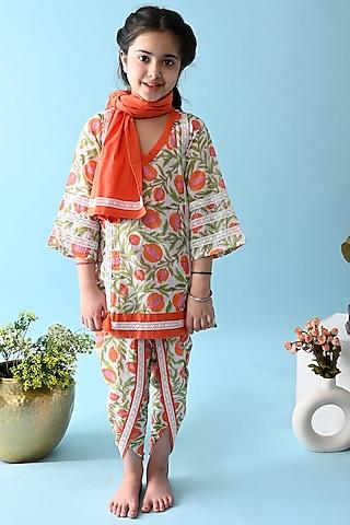 orange & white printed kurta set for girls