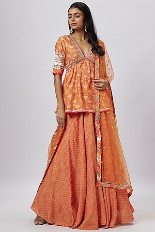 orange bandhani tussar boota embellished flowy lehenga set