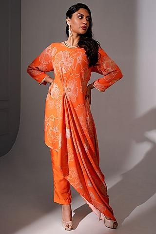 orange bemberg crepe sequins handwork & floral printed cowl tunic set