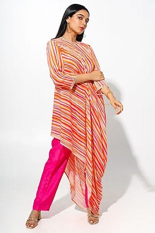 orange bemberg crepe sequins handwork & stripe printed cowl tunic set