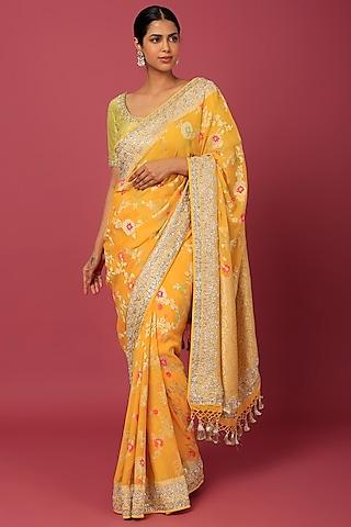 orange bemberg georgette embroidered saree set