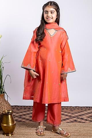 orange chanderi silk kurta set for girls