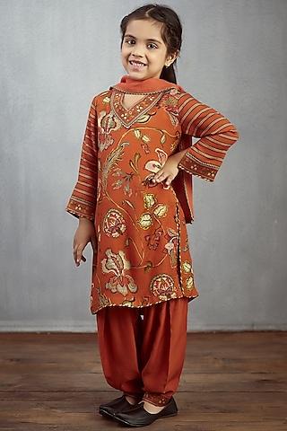 orange chintz printed kurta set for girls