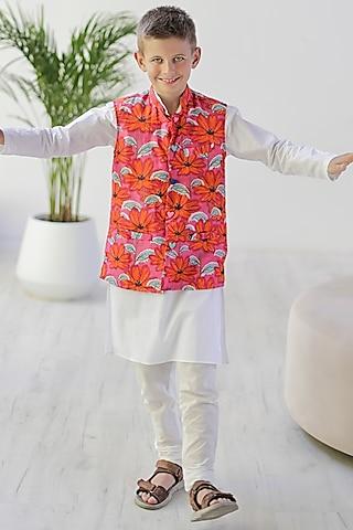 orange cotton & cotton silk printed bundi jacket with kurta set for boys