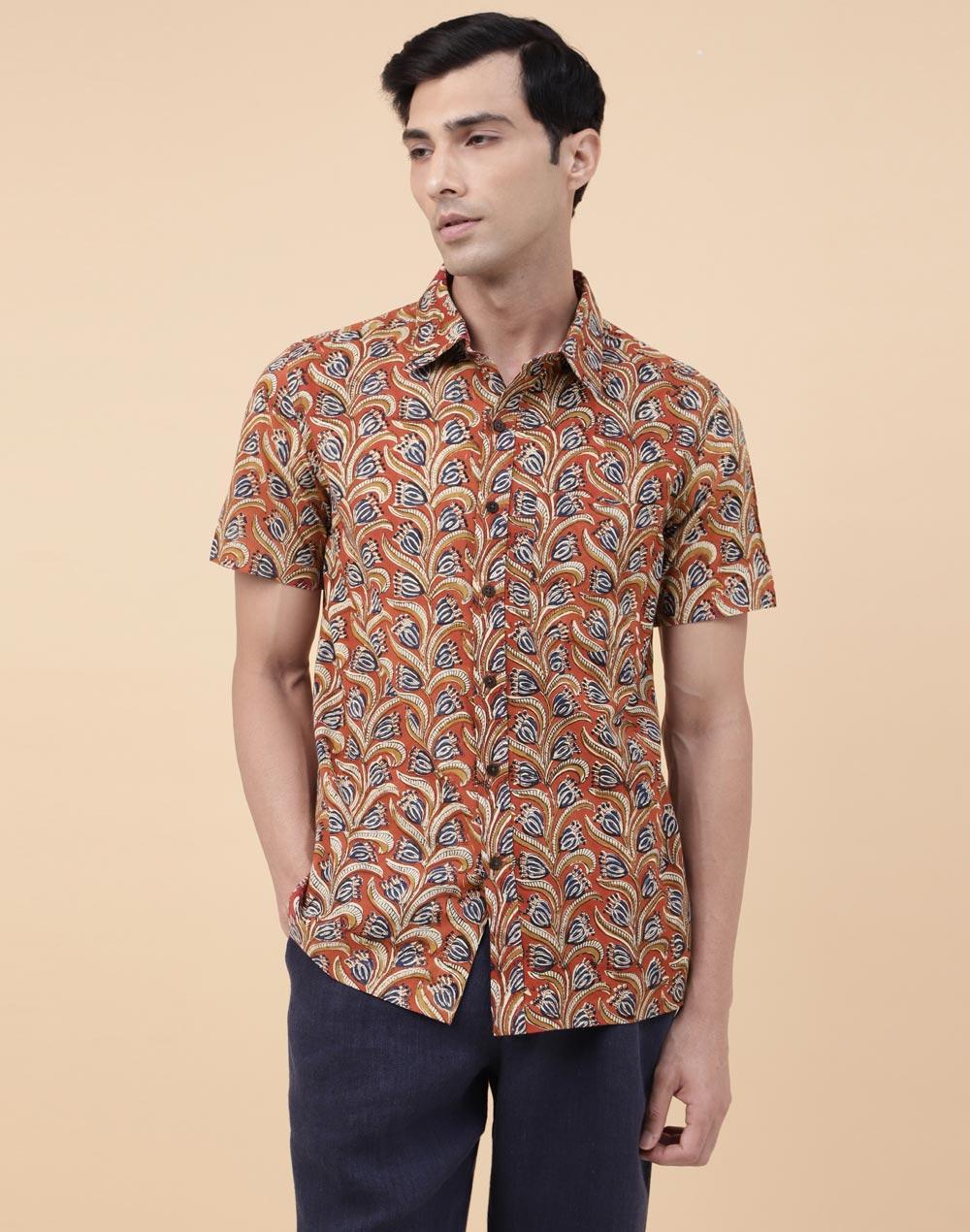 orange cotton bagru printed regular shirt