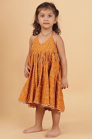 orange cotton bandhani printed flared dress for girls