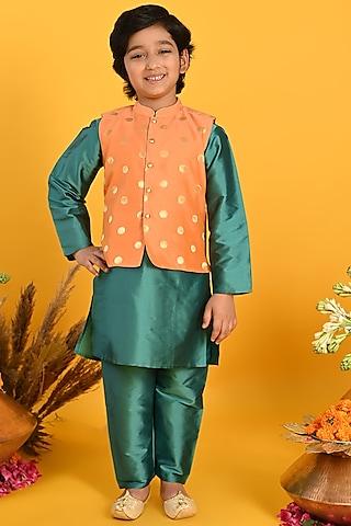 orange-cotton-blend-printed-nehru-jacket-with-kurta-set-for-boys