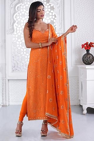 orange cotton chikan sequins & pearl embellished kurta set