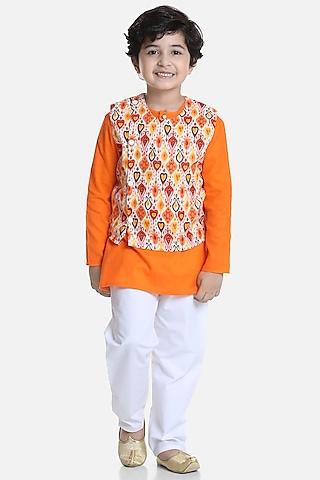 orange cotton kurta set with nehru jacket for boys
