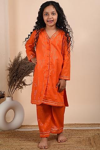 orange cotton lurex kurta set for girls