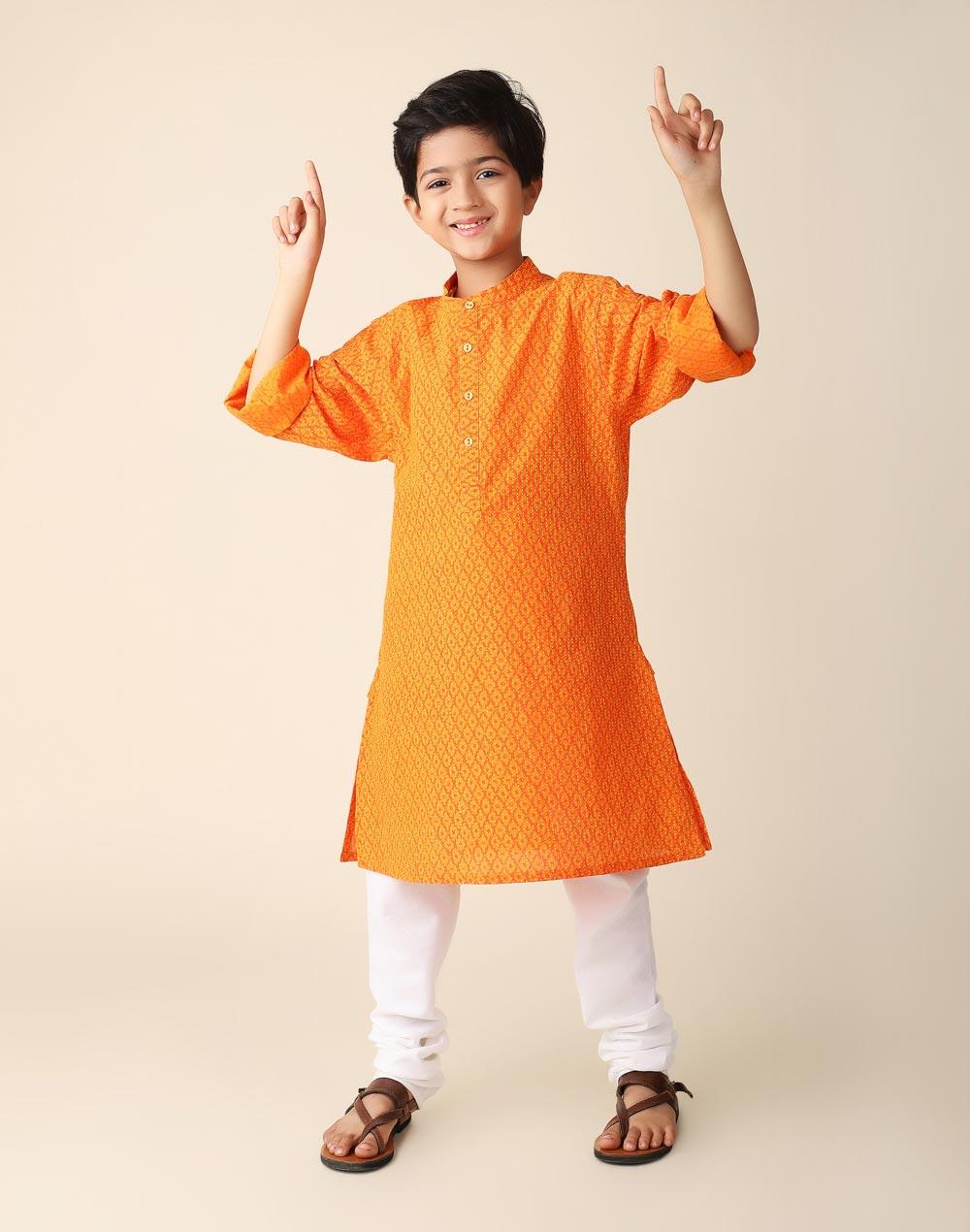 orange cotton printed a-line long kurta