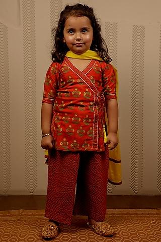 orange cotton printed kurta set for girls
