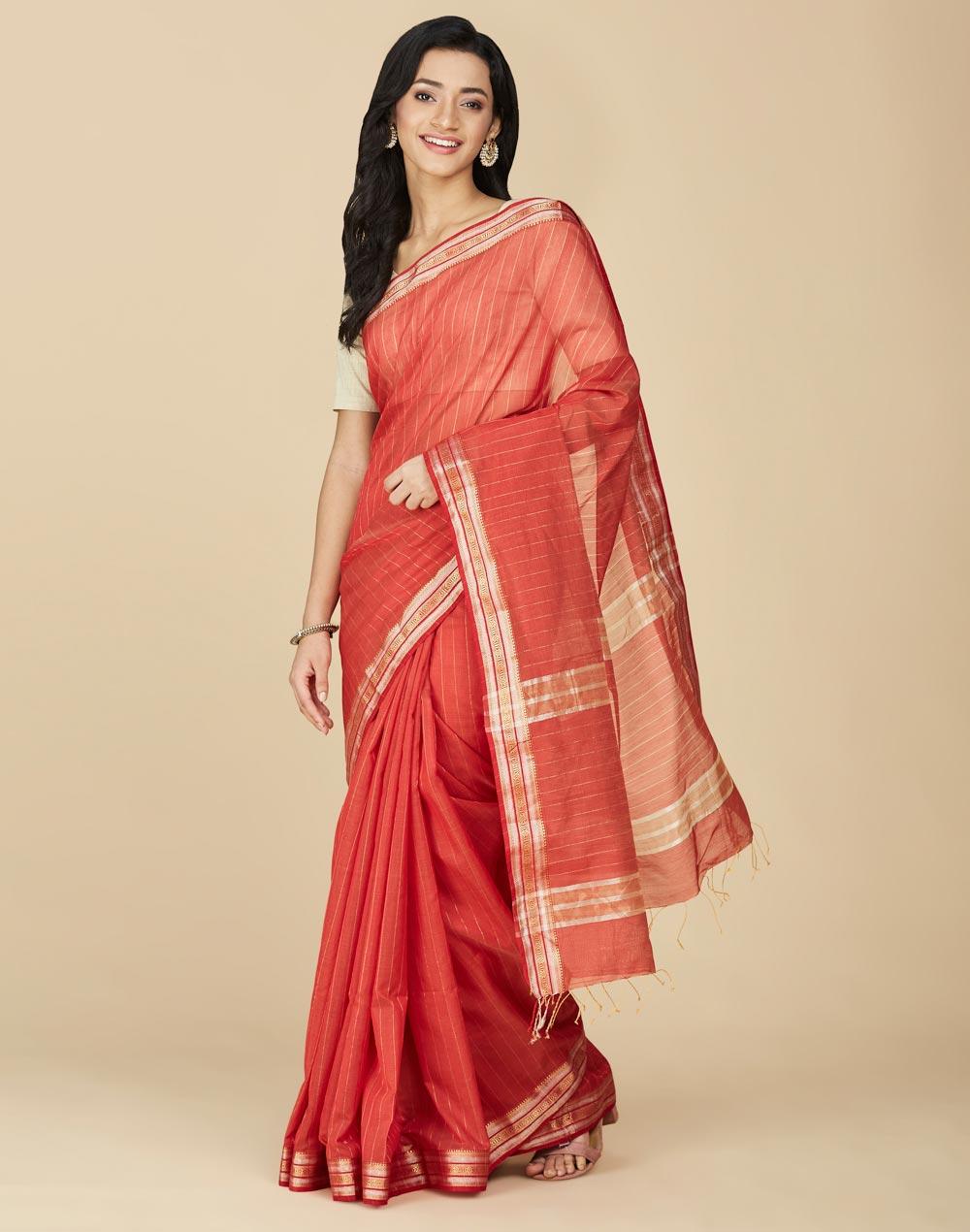 orange cotton silk maheshwari sari