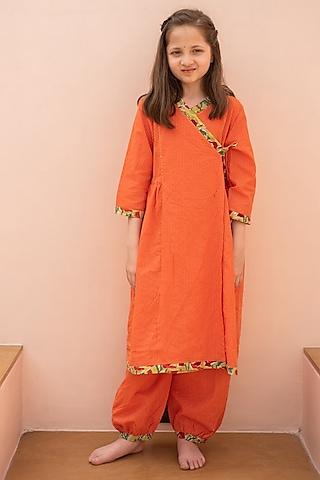 orange cotton tassel wrap kurta set for girls