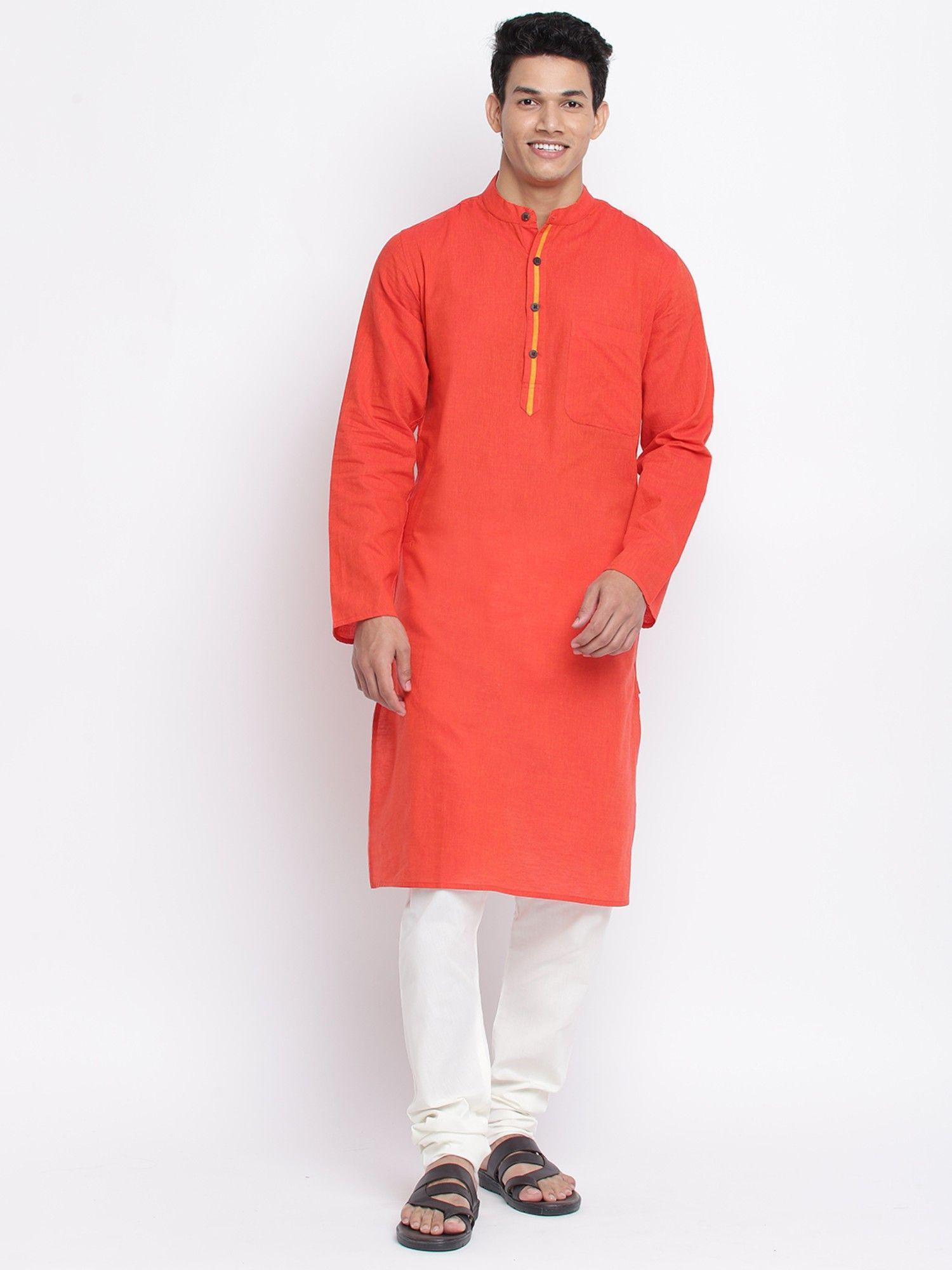 orange cotton woven slim fit long kurta