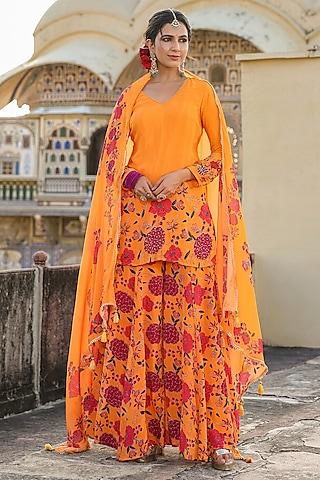 orange crepe silk floral printed & sequins embellished kurta set