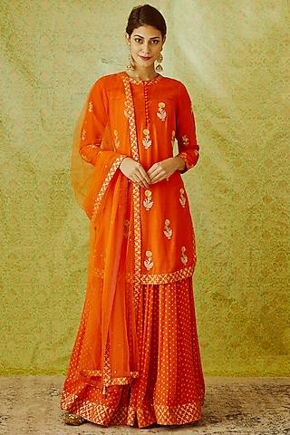 orange embroidered & printed kurta set