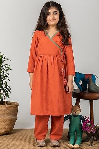 orange embroidered angrakha kurta set for girls
