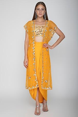 orange embroidered blouse with dhoti skirt & cape
