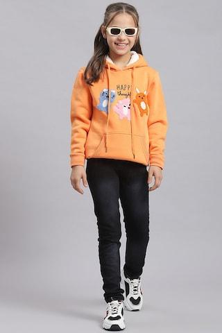 orange embroidered casual full sleeves regular hood girls regular fit sweatshirt