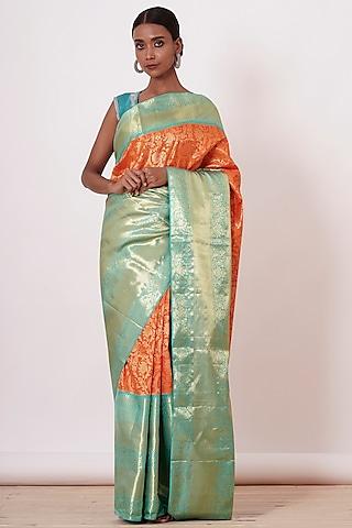 orange embroidered handwoven saree set