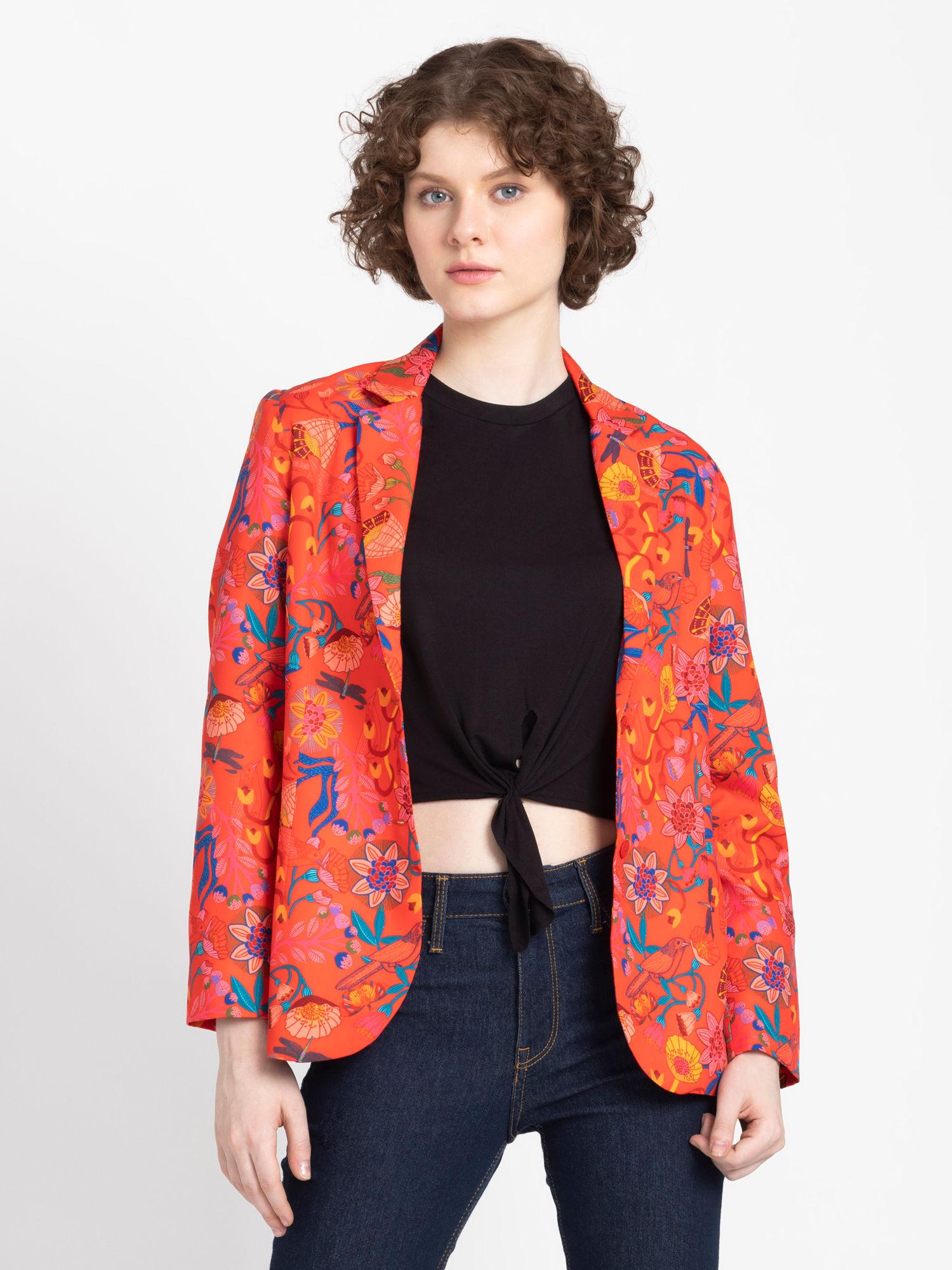orange floral print lapel collar full sleeves casual blazer for women