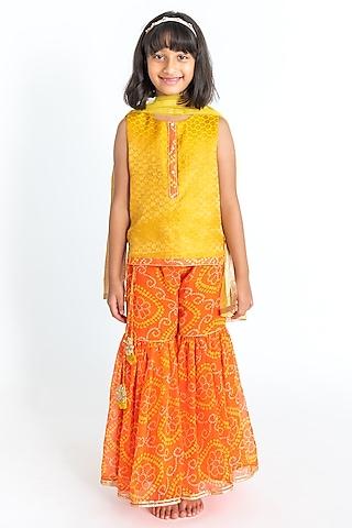 orange georgette bandhani printed sharara set for girls