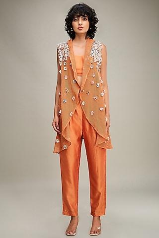 orange handloom net embellished cape set
