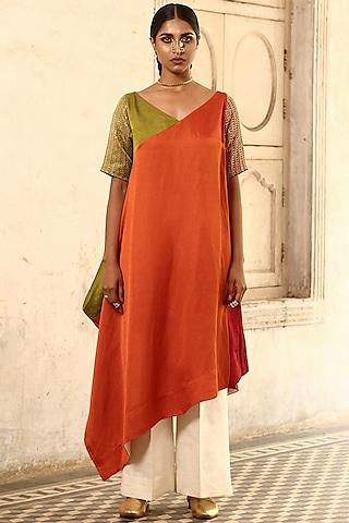 orange linen sarin hand embroidered tunic
