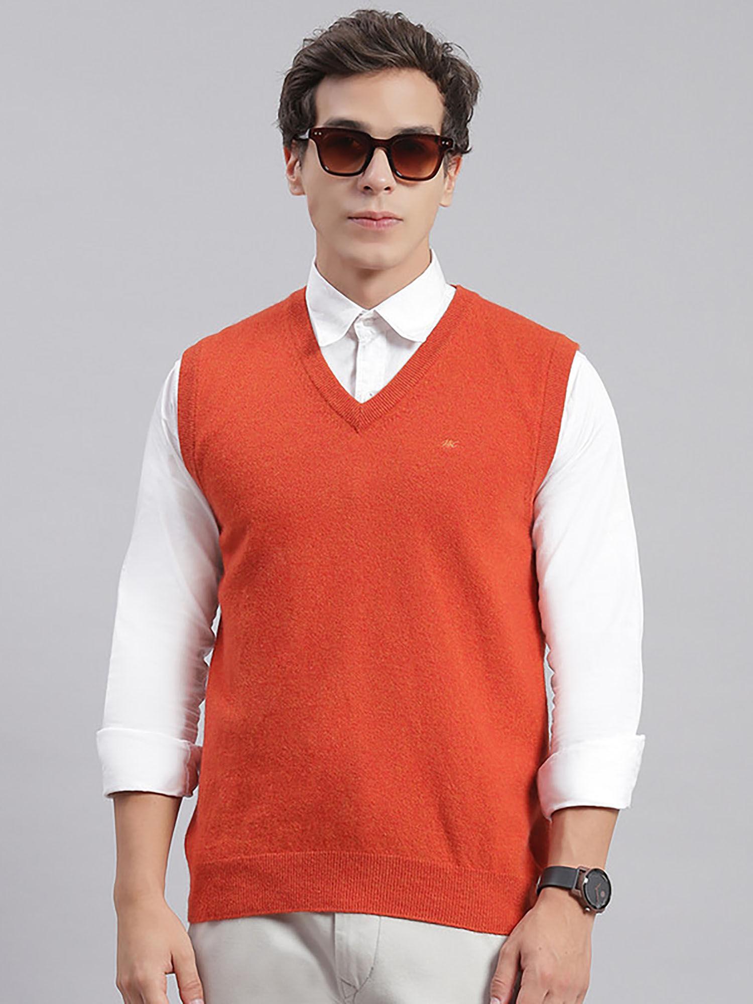 orange mix solid v neck sweater