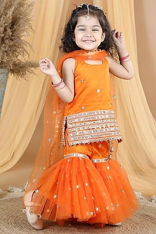 orange net embellished sharara set for girls