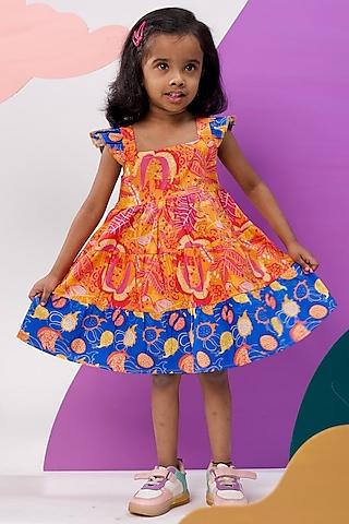 orange organic cotton printed tiered dress for girls