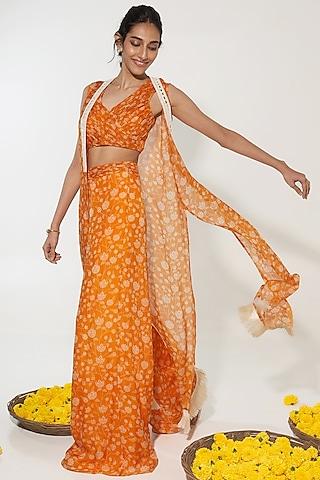 orange organza floral printed & sequins embroidered cape set