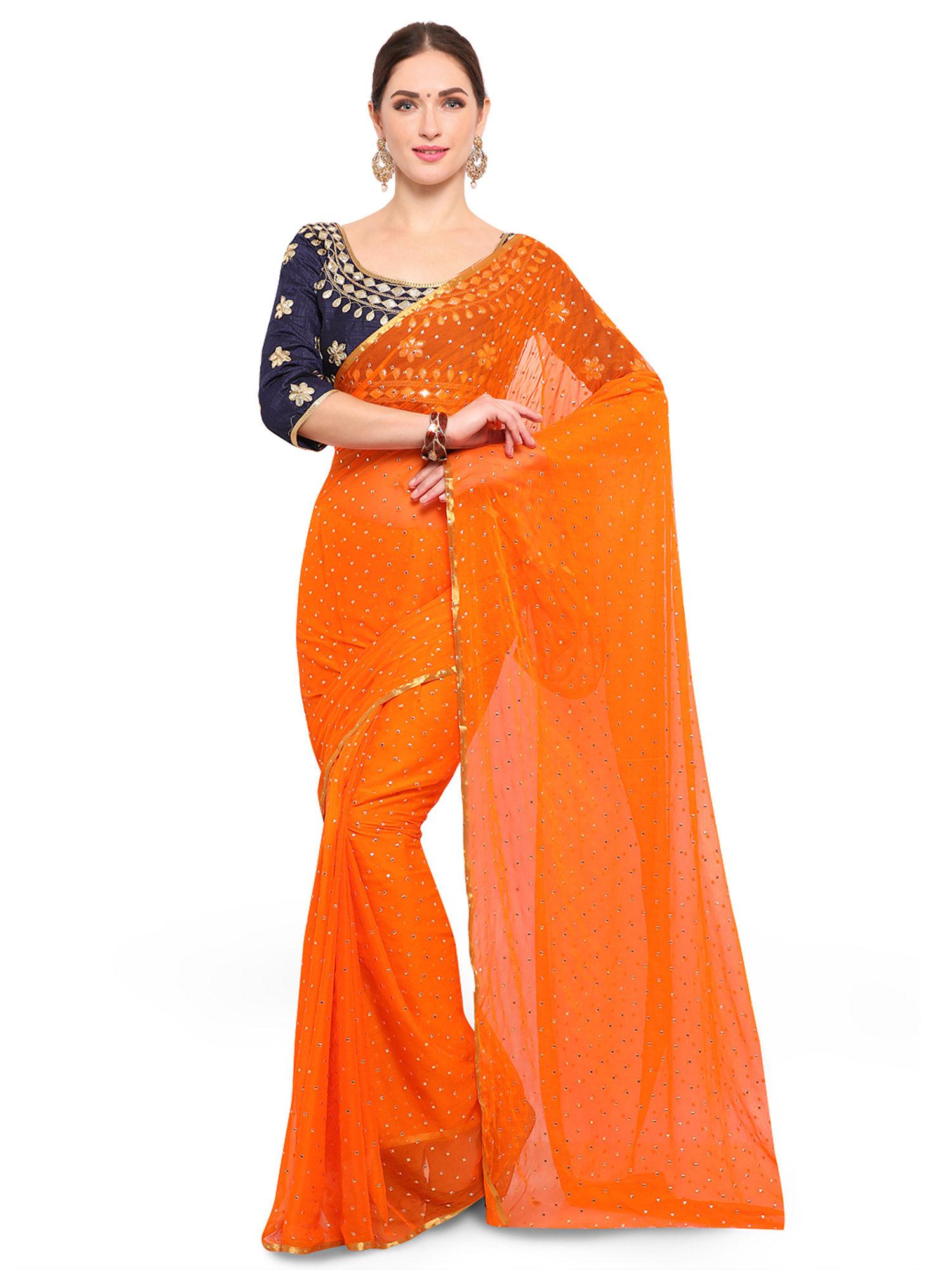 orange party chiffon embellished saree with unstitched blouse