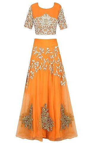 orange pearl and gota thread work lehenga with matching floral pattern embroidered blouse set