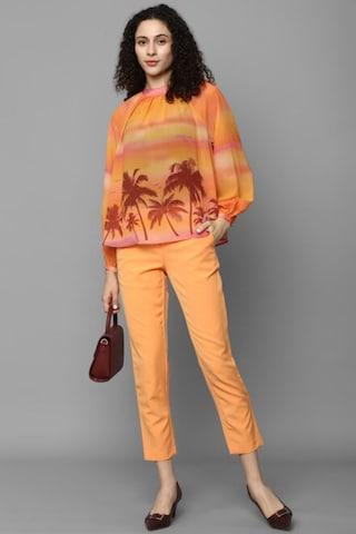 orange print casual full sleeves round neck women regular fit top