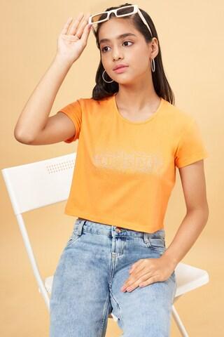orange print casual half sleeves round neck girls regular fit  t-shirt