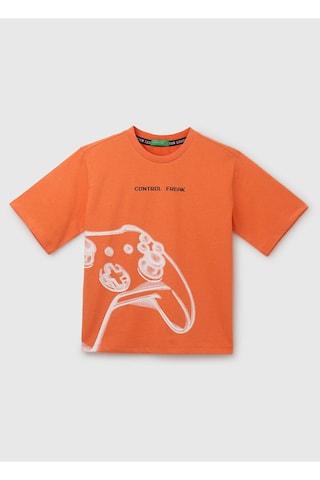 orange print casual short sleeves round neck boys boxy fit t-shirt
