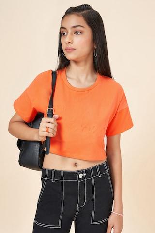 orange print cotton spandex round neck girls regular fit t-shirts