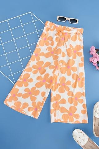 orange print rayon girls regular fit trousers