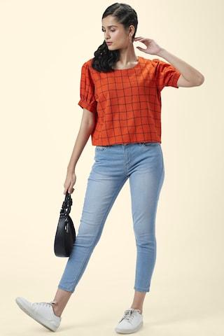 orange printed casual half sleeves round neck women regular fit top