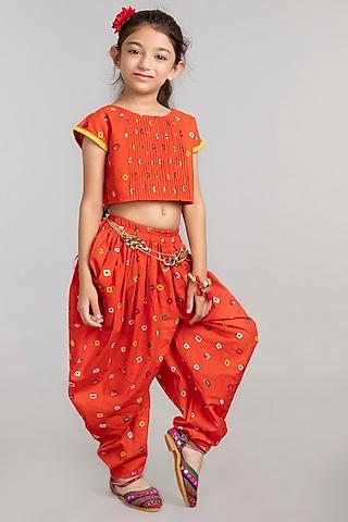 orange printed dhoti set for girls