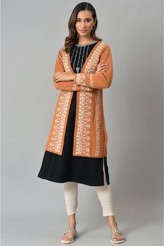 orange printed ethnic full sleeves v neck women regular fit cardigan