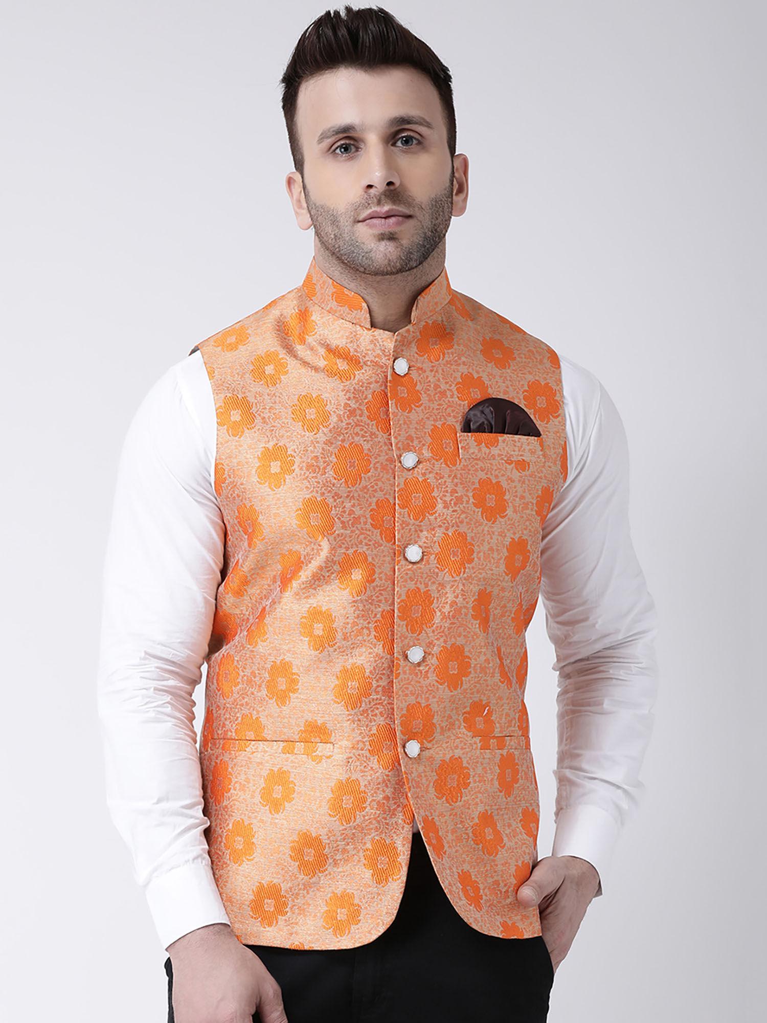 orange printed jacquard nehru jacket