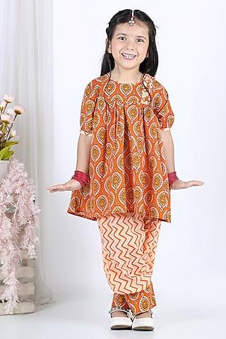 orange printed kurta set for girls