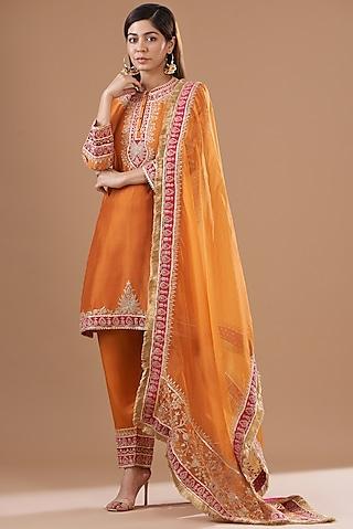 orange pure silk chanderi embroidered kurta set